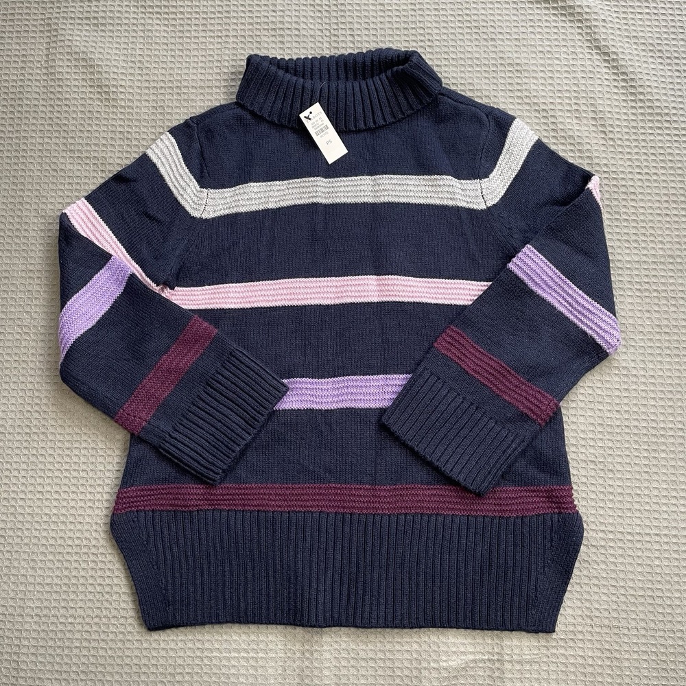 New Talbots Cable Knit Sweater Small Petite SP/PS Womens Stripe Mock Neck Navy